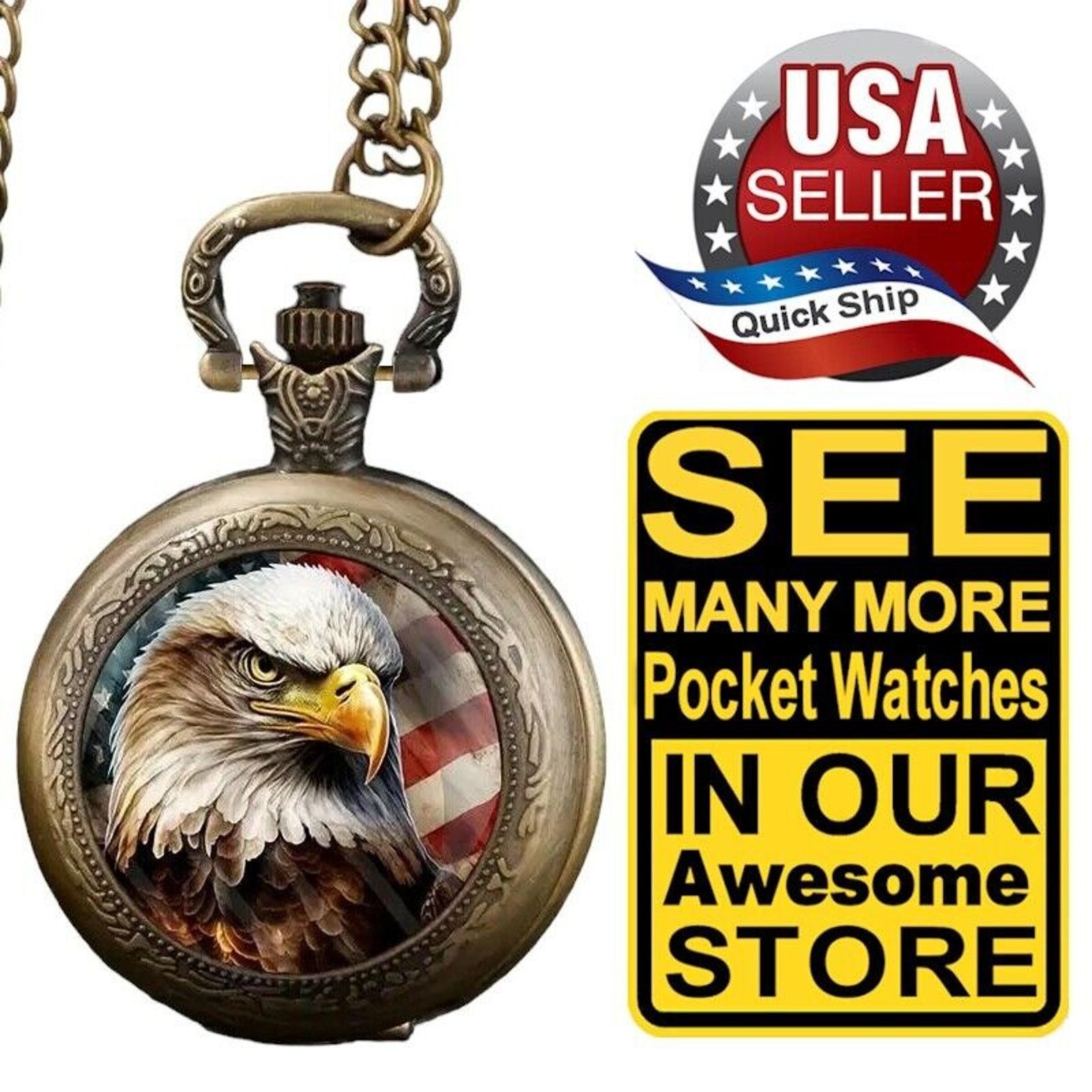 Other Retro Style Eagle & American Flag Pocket Watch Chain Size ONE SIZE - 1 Thumbnail