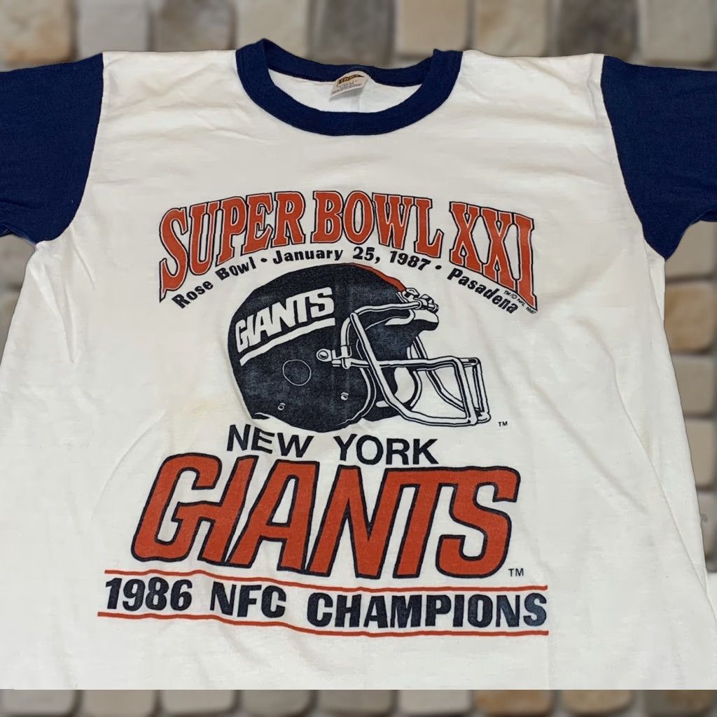 VINTAGE 1987 NFL New York Giants Super Bowl XXI Helmet Logo NFC Champs Shirt M/S Men White 50/50 Short Sleeve Graphic Tee Decade 1980s Size S/M