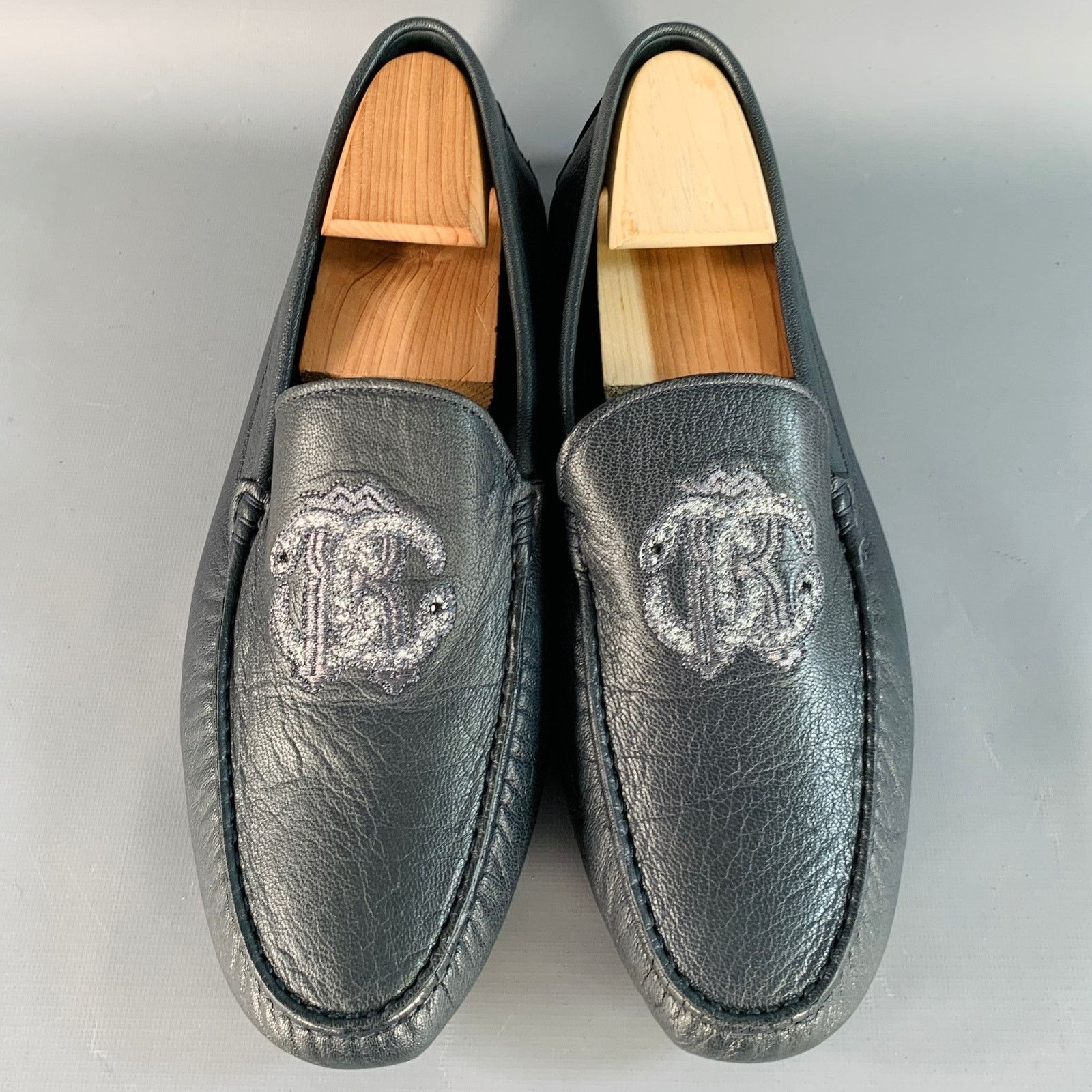 Roberto Cavalli 11.5 Navy Silver Logo Embroidery Leather Drivers Loafers Size US 11.5 / EU 44-45 - 4 Thumbnail