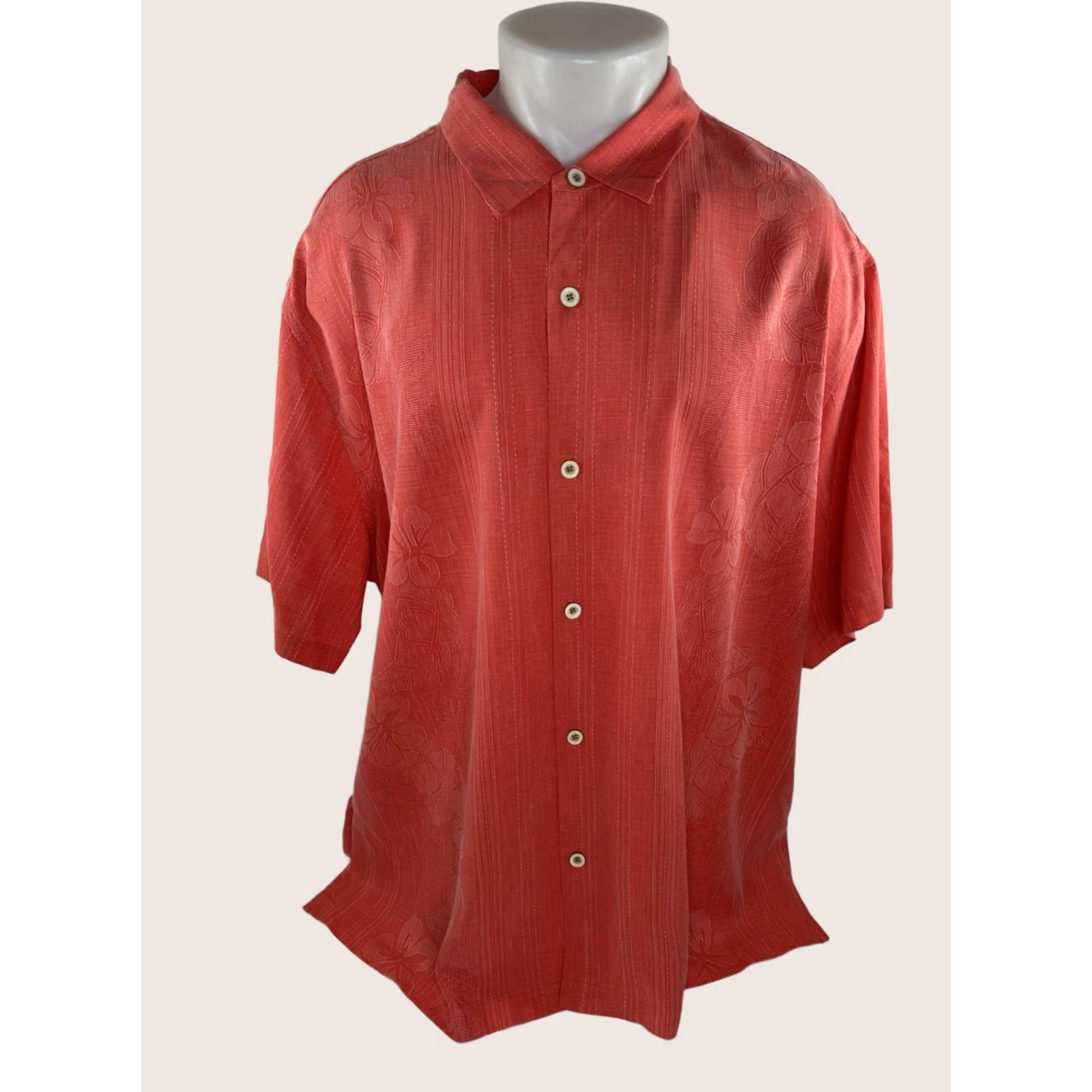 Tommy Bahama TOMMY BAHAMA Button-Up Silk Floral Hawaiian Shirt Mens 3XL Salmon Pink Short Sleeve Tropical 90s Theme B Size US XXL / EU 58 / 5 - 1 Thumbnail