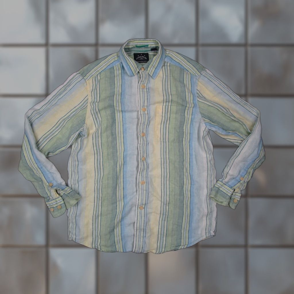 Tommy Bahama TOMMY BAHAMA INDIGO PALMS Mens Blue Green Striped Button-Up Long Sleeve Linen Shirt - Regular Medium - Travel Beach Classic Size US M / EU 48-50 / 2 - 1 Thumbnail