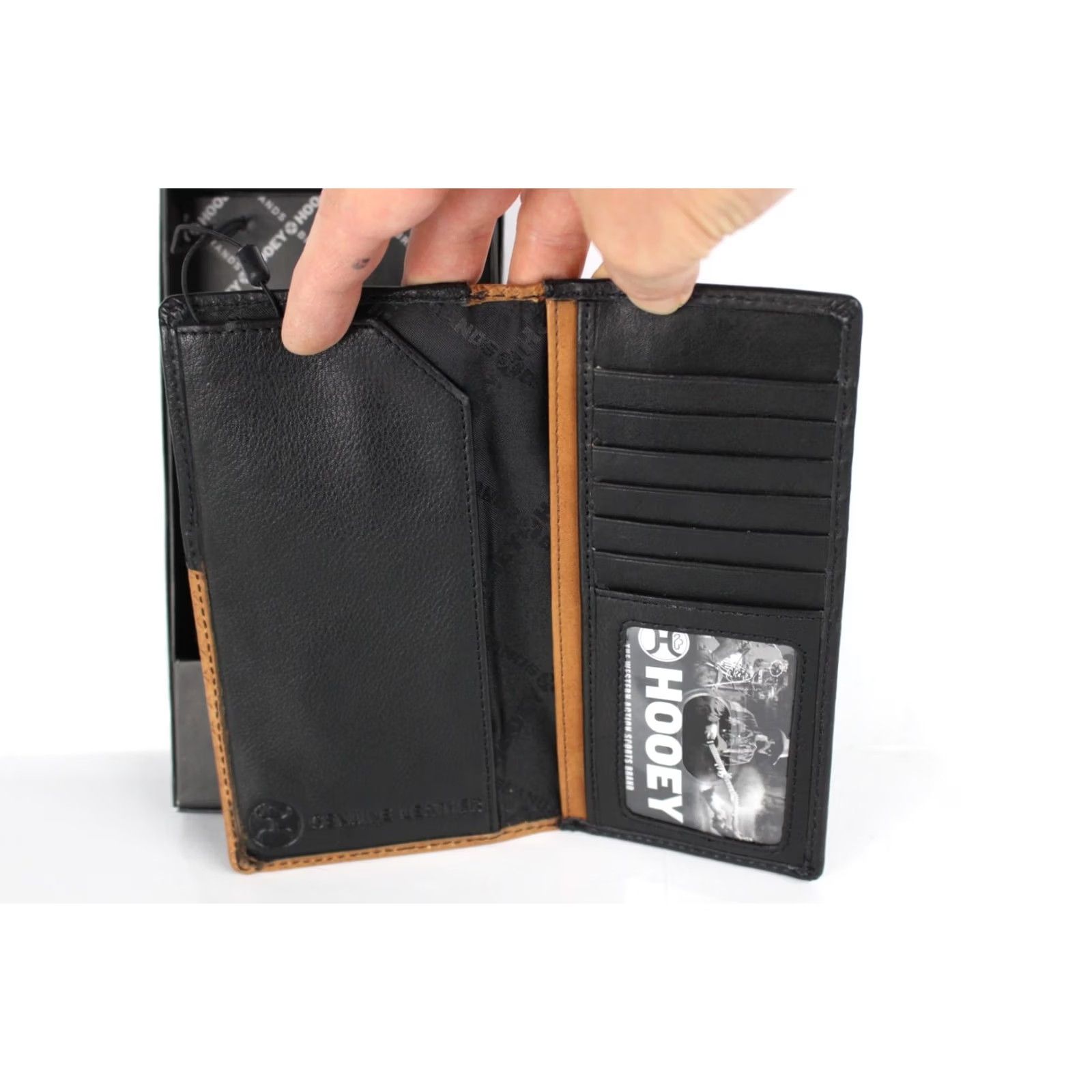 Vintage VINTAGE Hooey Wallet Men’s Hands Up Basket Weave Rodeo Leather Brown Black Logo Rivet Geometric Aztec Southwest Bifold Credit Card Checkbook Size ONE SIZE - 3 Thumbnail