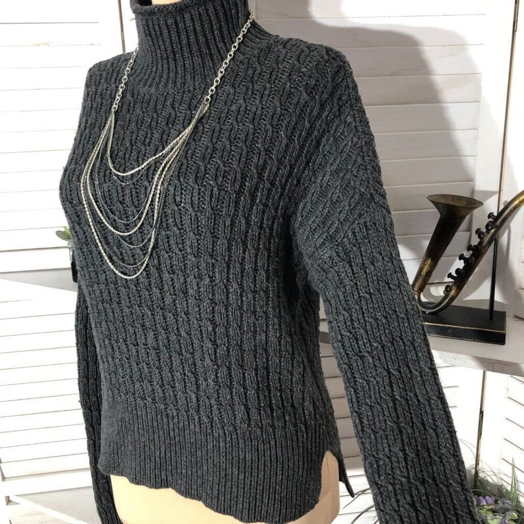 Loft Loft cotton asymmetrical sweater mock neck gray cable knit M Size L / US 10 / IT 46 - 13 Thumbnail