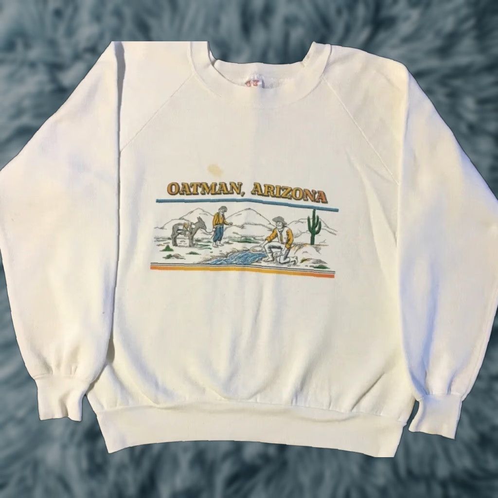 Vintage VINTAGE Oatman Arizona Faded Sweatshirt White S USA Mining Cowboy Nature Cactus Grunge 80s 90s Biker Hoodie Mens Small Knit Pullover USA Made Size US S / EU 44-46 / 1 - 1 Thumbnail