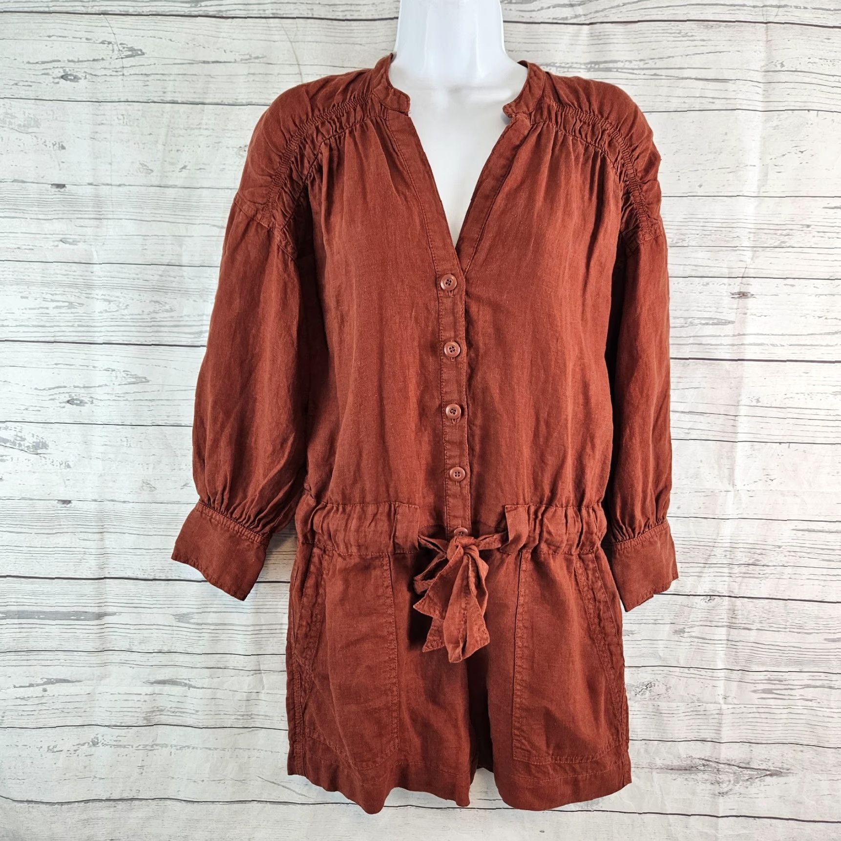 Joie Joie Womens Bosworth Romper XS Rust 3/4 Sleeve Button Up Linen Romper Women XS Rust 3/4 Sleeve Bosworth JOIE Women Romper Size 26" / US 2 / IT 38 - 2 Thumbnail