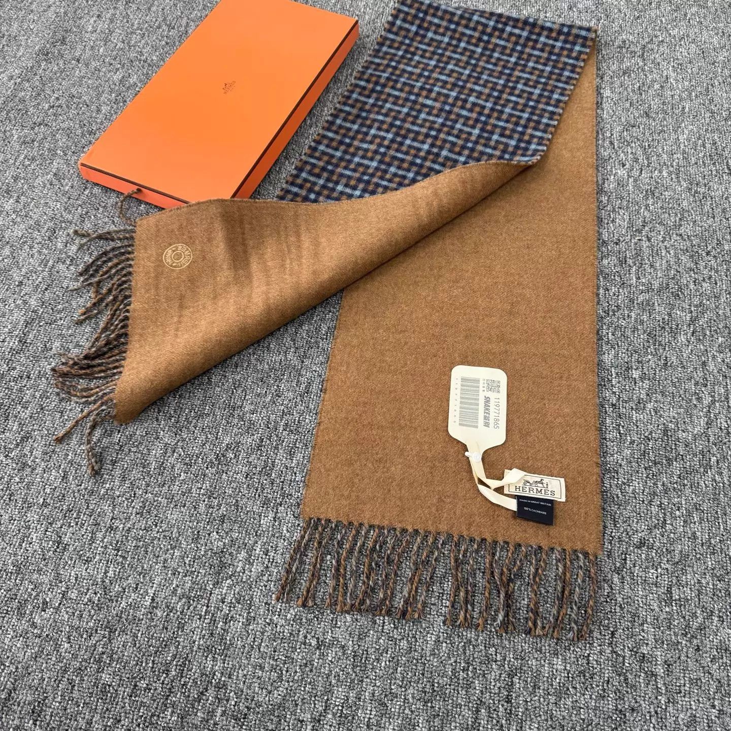 Hermes Hermes Blue Brown Check Cashmere Scarf 99 150x25cm Size ONE SIZE - 3 Thumbnail