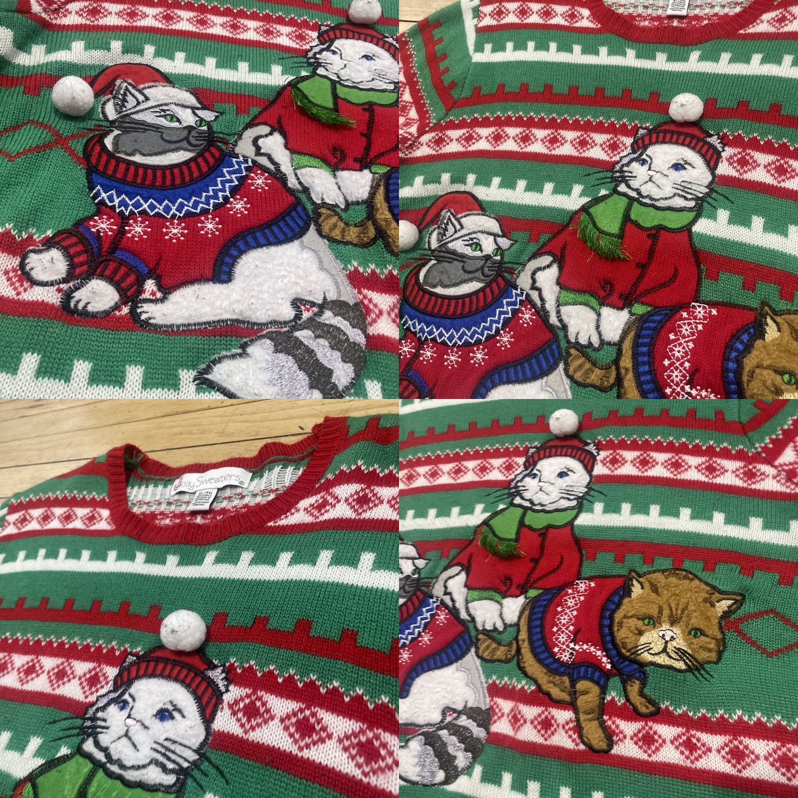 Vintage Jolly Sweaters Cat Christmas Sweater Men XL Red Green 3D Art Ugly Sweater Size US XL / EU 56 / 4 - 9 Thumbnail