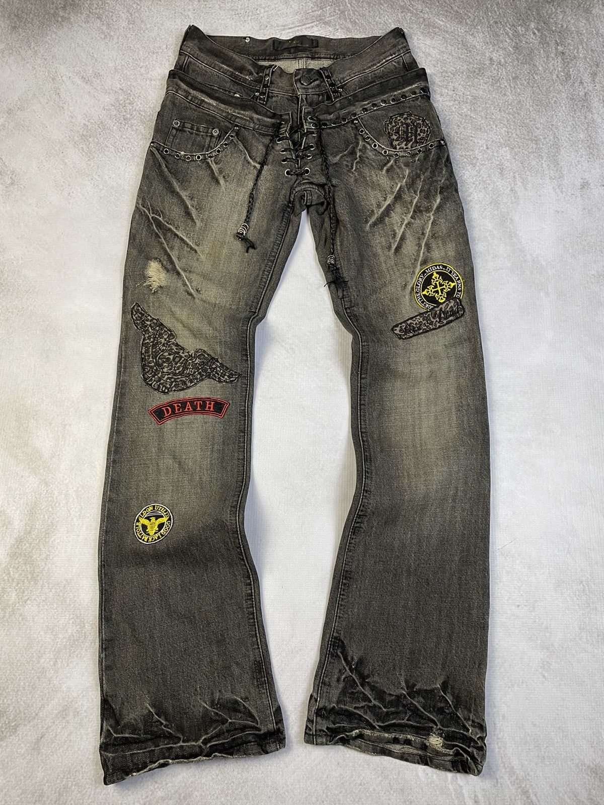 2000s Midas Vkei Style Lace Up Double Waist Flare Jeans