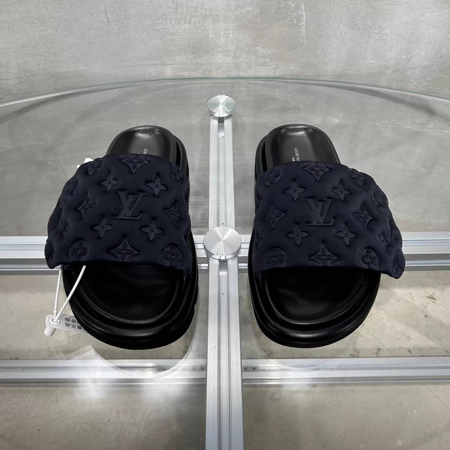 Louis Vuitton LV Black Embossed Allover Print Velcro Slippers UK3/37 Size US 6.5 / IT 36.5 - 1 Thumbnail