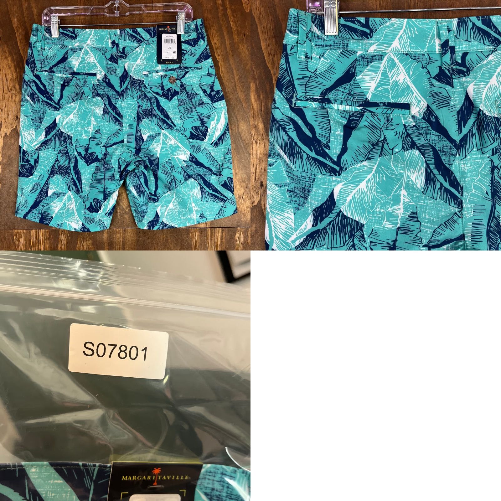 Vintage Margaritaville Mens Shorts Turquoise UPF 30+ Quick Dry 4 Way Stretch Bermuda (S) 30 30in Waist Blue Floral Casual Travel Workwear Men Size US 30 / EU 46 - 9 Thumbnail