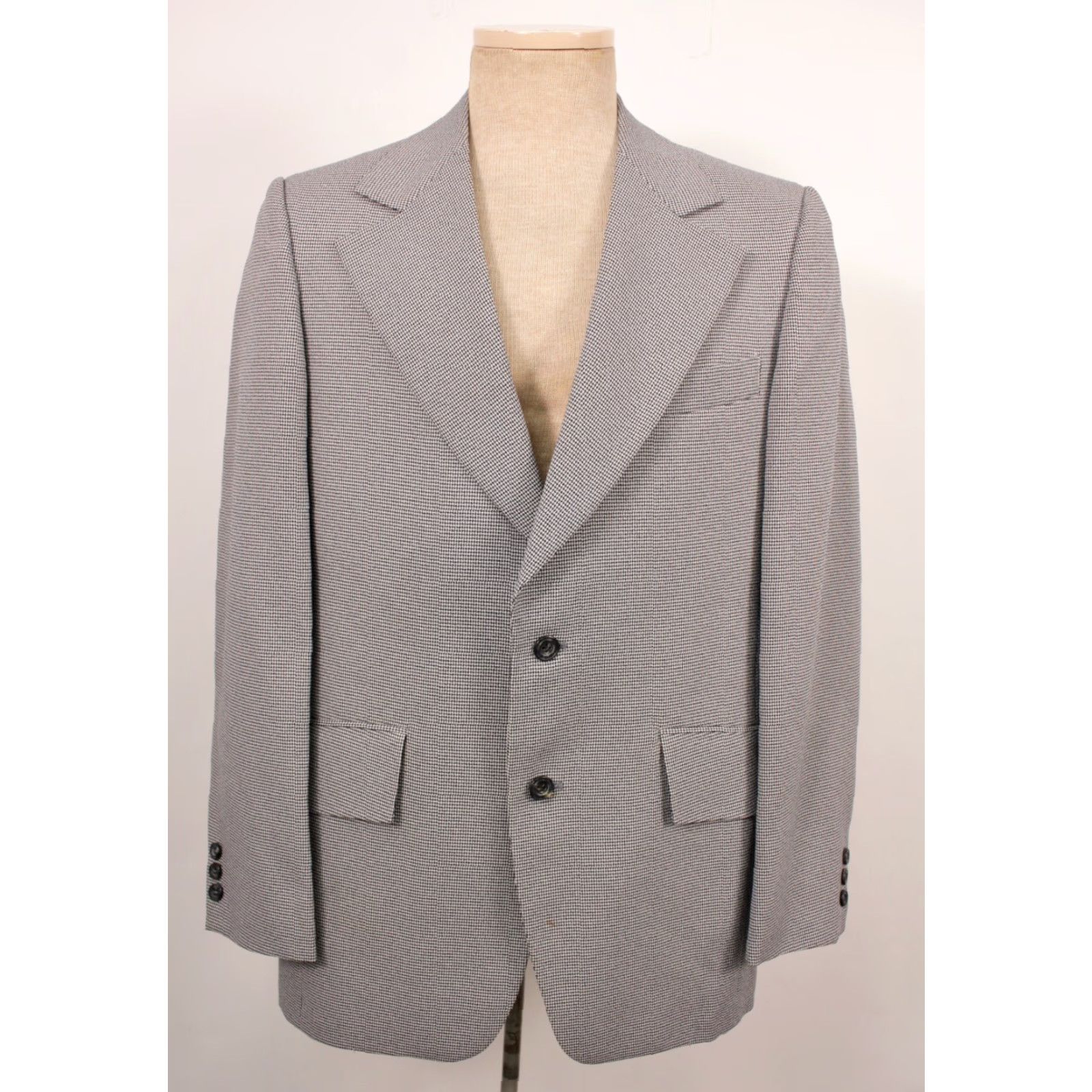 Vintage VINTAGE Mens VTG 70s Navy Blue & White Houndstooth Leisure Suit M 1970s Polyester Disco Shirt Jacket Pants Mens Size 40R - 5 Thumbnail