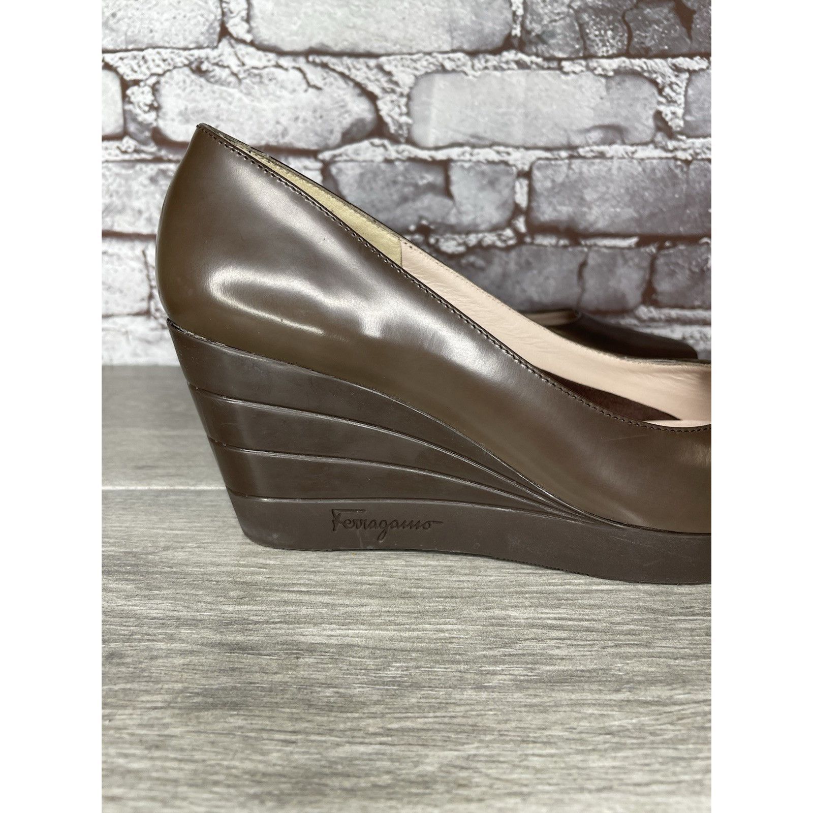 Salvatore Ferragamo Salvatore Ferragamo Brown Patent Leather Pump Wedges Shoes W Size US 7.5 / IT 37.5 - 12 Thumbnail