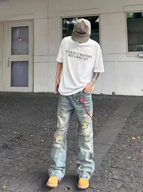 Japanese Brand VIBE Washed vintage irregular ripped Y2K baggy jeans Size US 31 - 4 Thumbnail