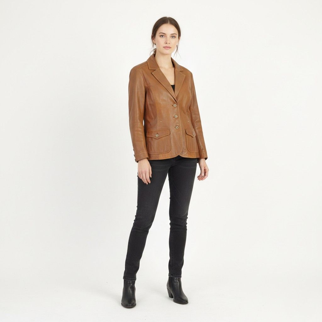 Vintage Lapel Women XL (L) Jacket Camel Leather 6201 Size L / US 10 / IT 46 - 1 Thumbnail