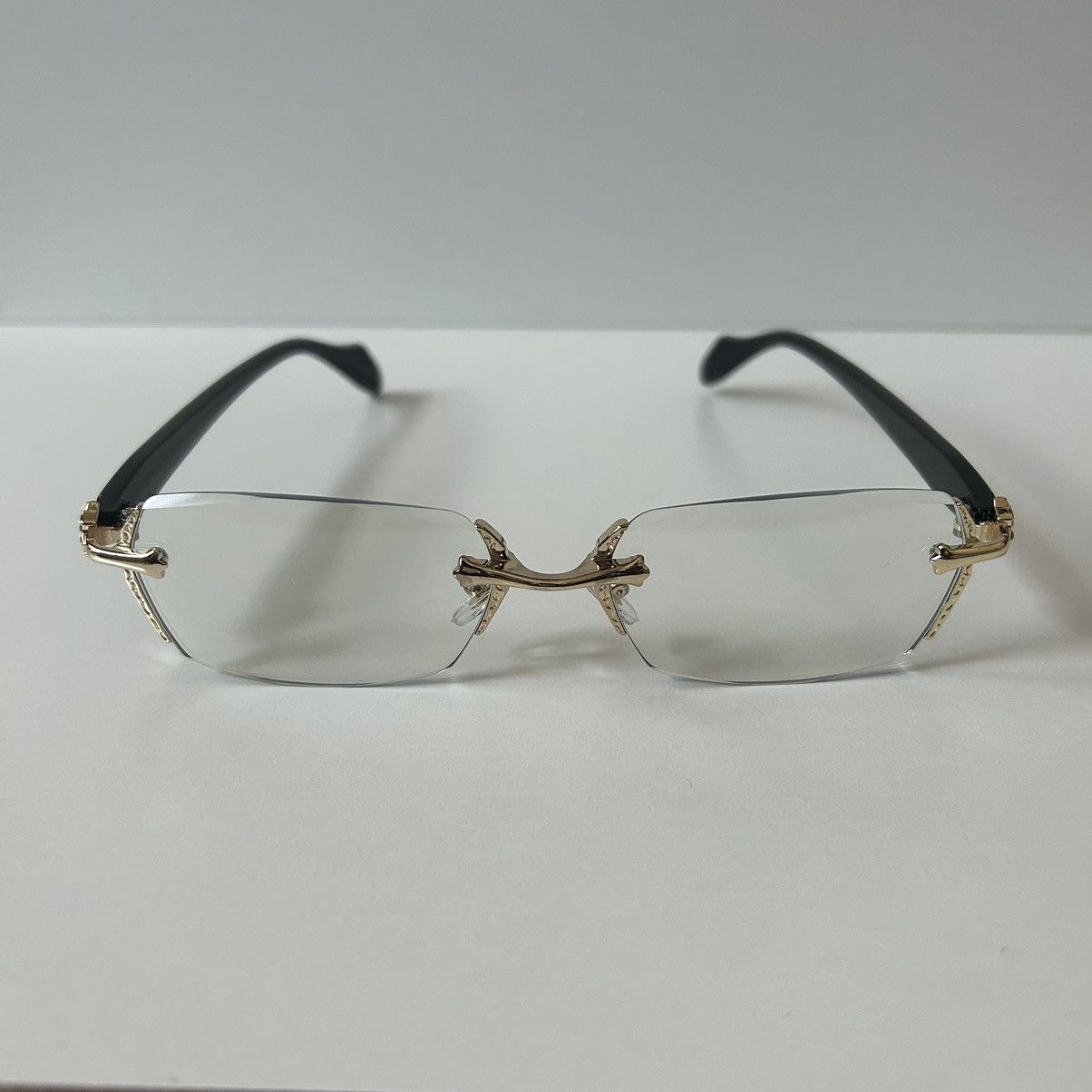 Japanese Brand × Vintage 90s Y2K retro style black frame gold cross rimless glasses Size ONE SIZE - 8 Thumbnail