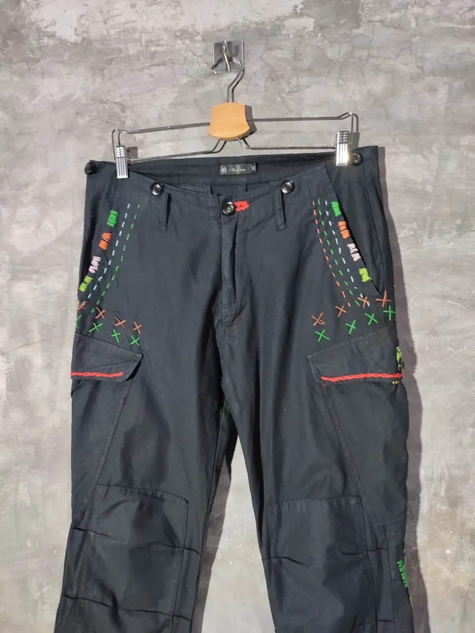 Japanese Brand Audience Black Cargo with Multicolour stitch Design Pants Size US 33 - 2 Thumbnail