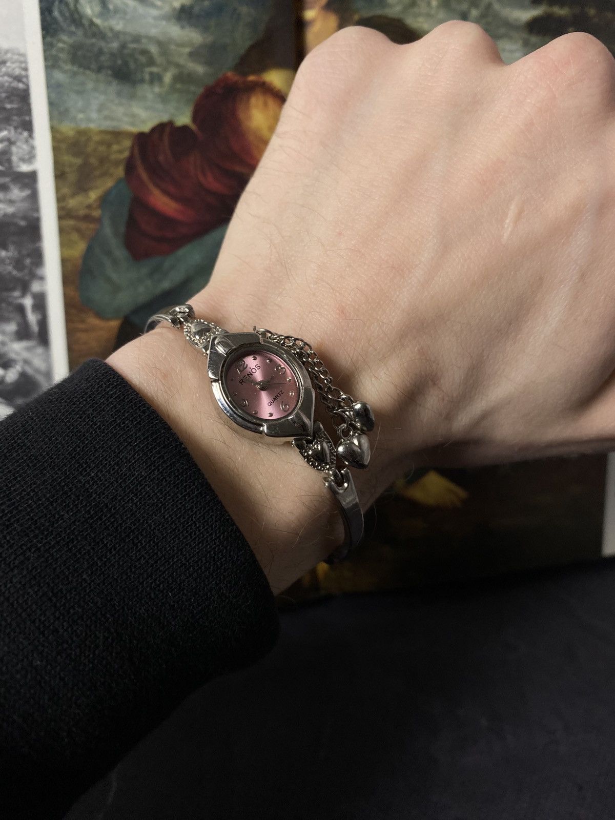 Hysteric Glamour Vintage RENOS Pink Dial Watch Heart Charms Silver Tone Size ONE SIZE - 5 Thumbnail