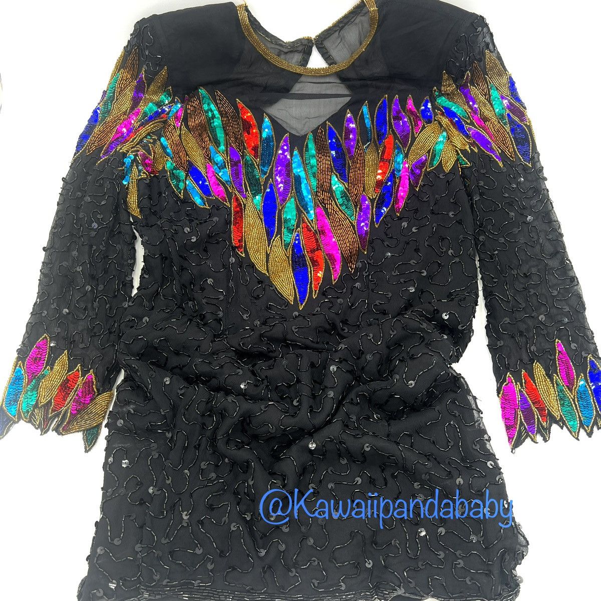 image of Vintage 80's Black Sequin Short Mini Shoulder Pad Evening Dress Size 6, Women's