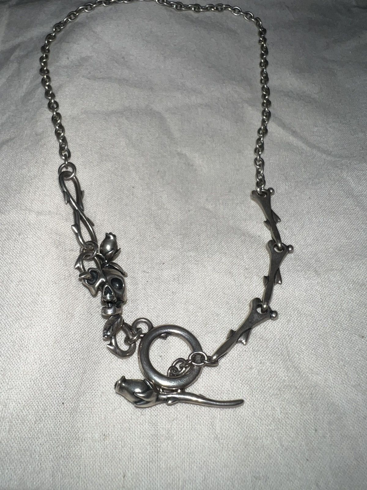 image of Justin Davis .925 Silver Skull & Roses Choker Necklace, Men's