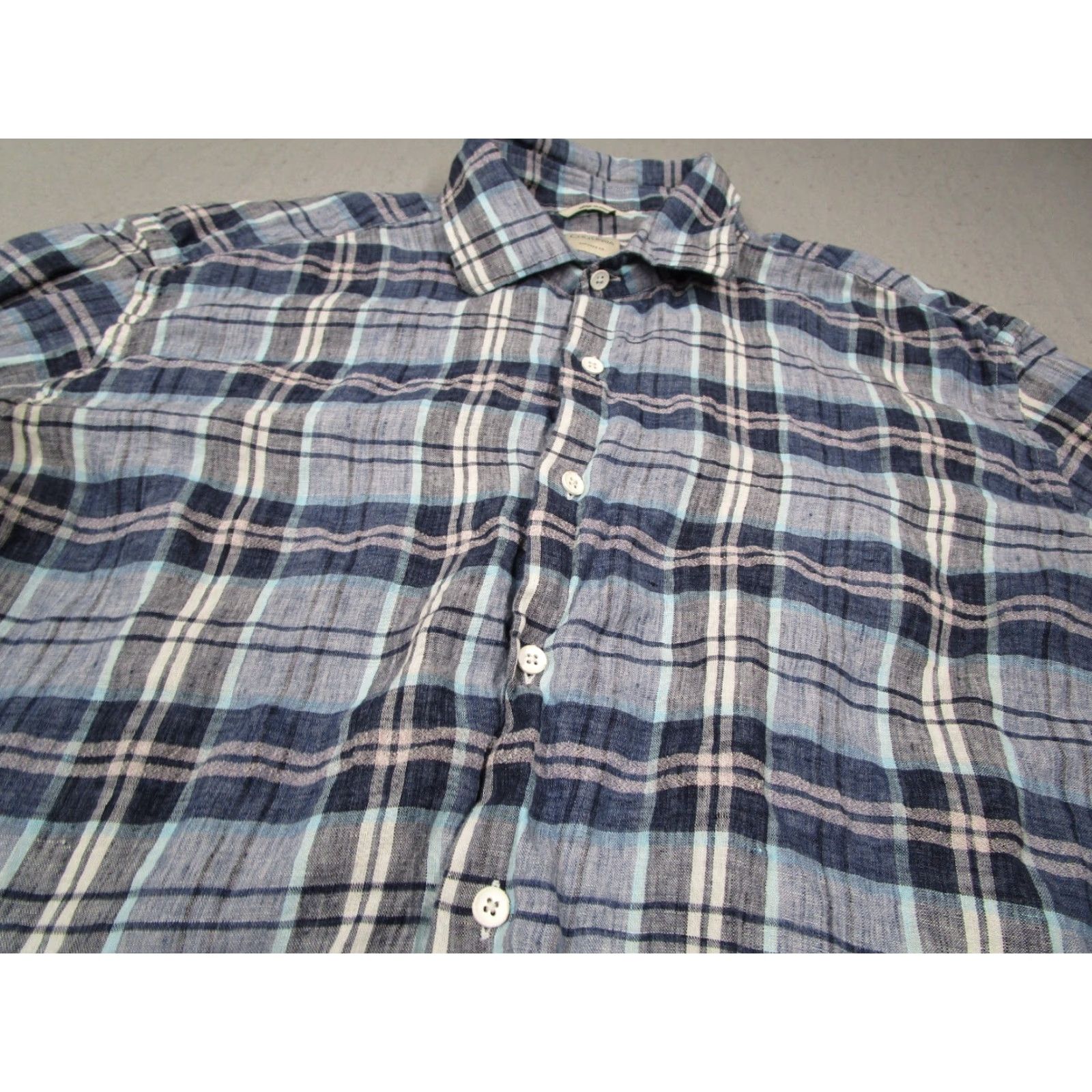 Vintage Culturata Dress Shirt Mens 2XL XXL Blue Tailored Fit Button Up Linen Blend Plaid Long Sleeve Slim Size 48R - 2 Thumbnail