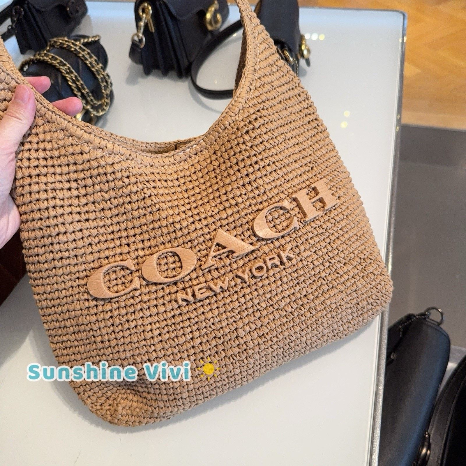 Coach NWT COACH Brooklyn 28 Straw Shoulder Bag CDU75 Brass/Natural Size ONE SIZE - 2 Thumbnail