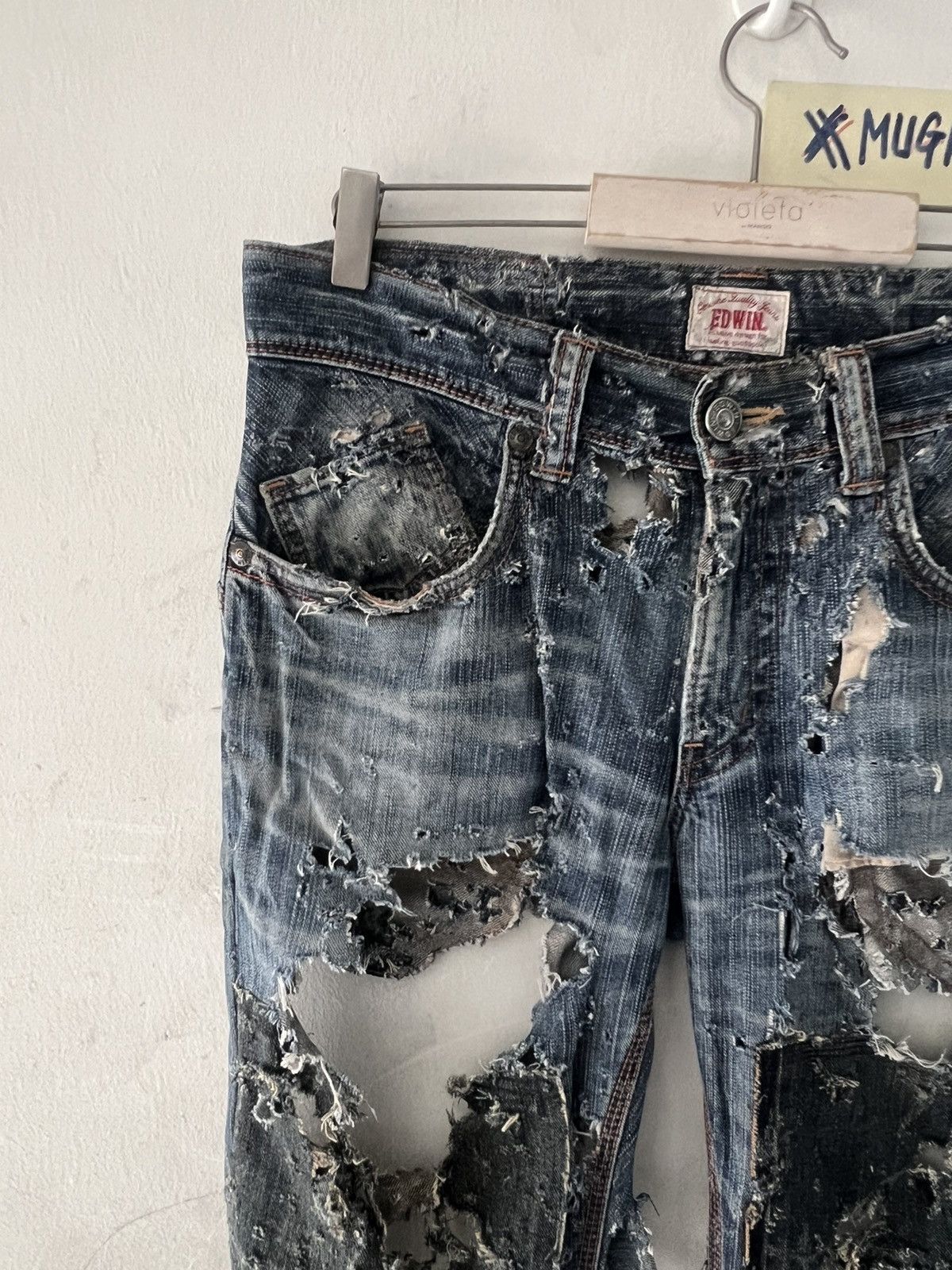 Japanese Brand MUGATAMUGARU THRASHED🔥EDWIN FLARE RIPPED DENIM PANT Size US 32 / EU 48 - 3 Thumbnail