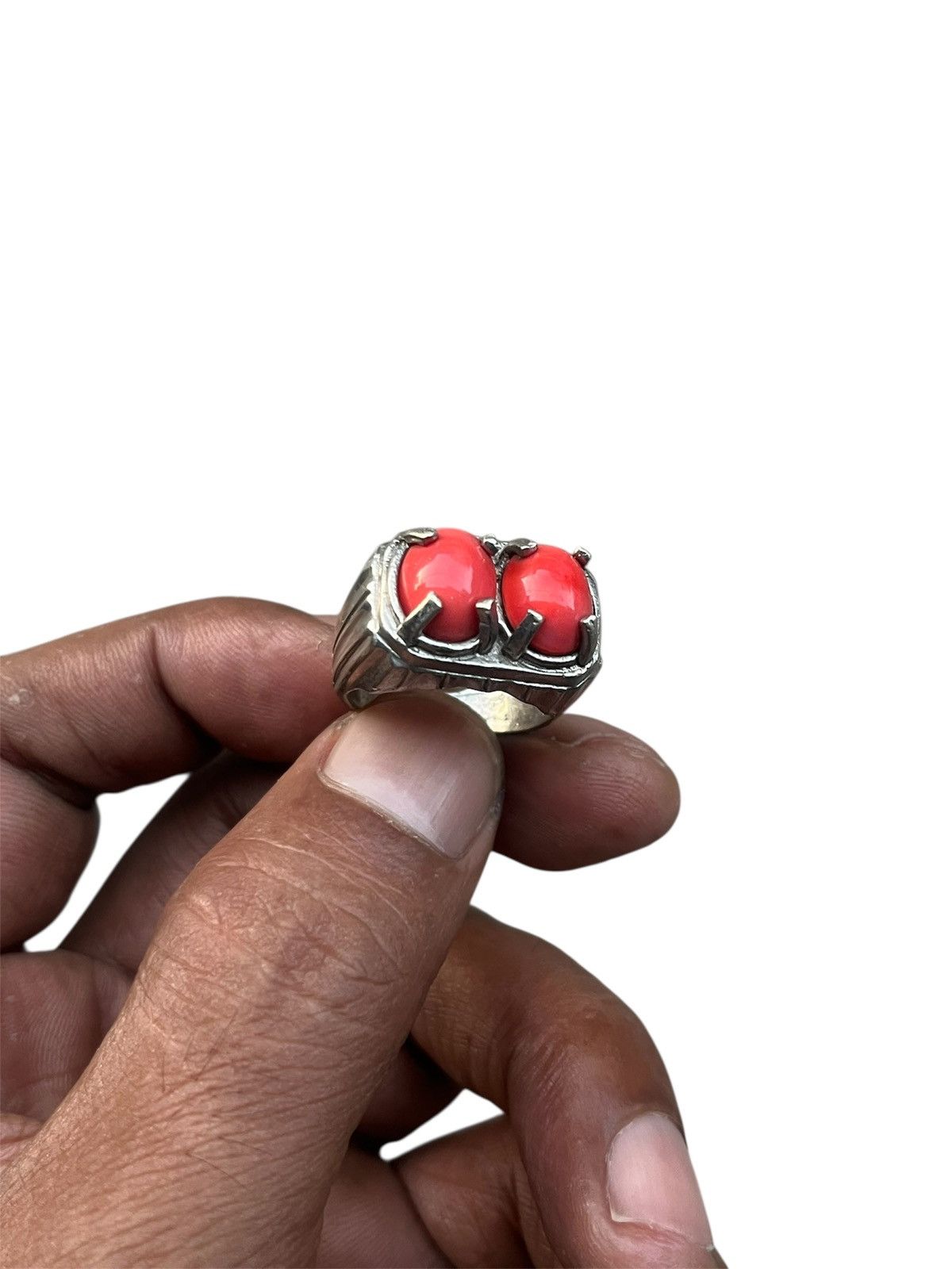Vintage Sterling Silver Double Red Stone Men's Signet Ring