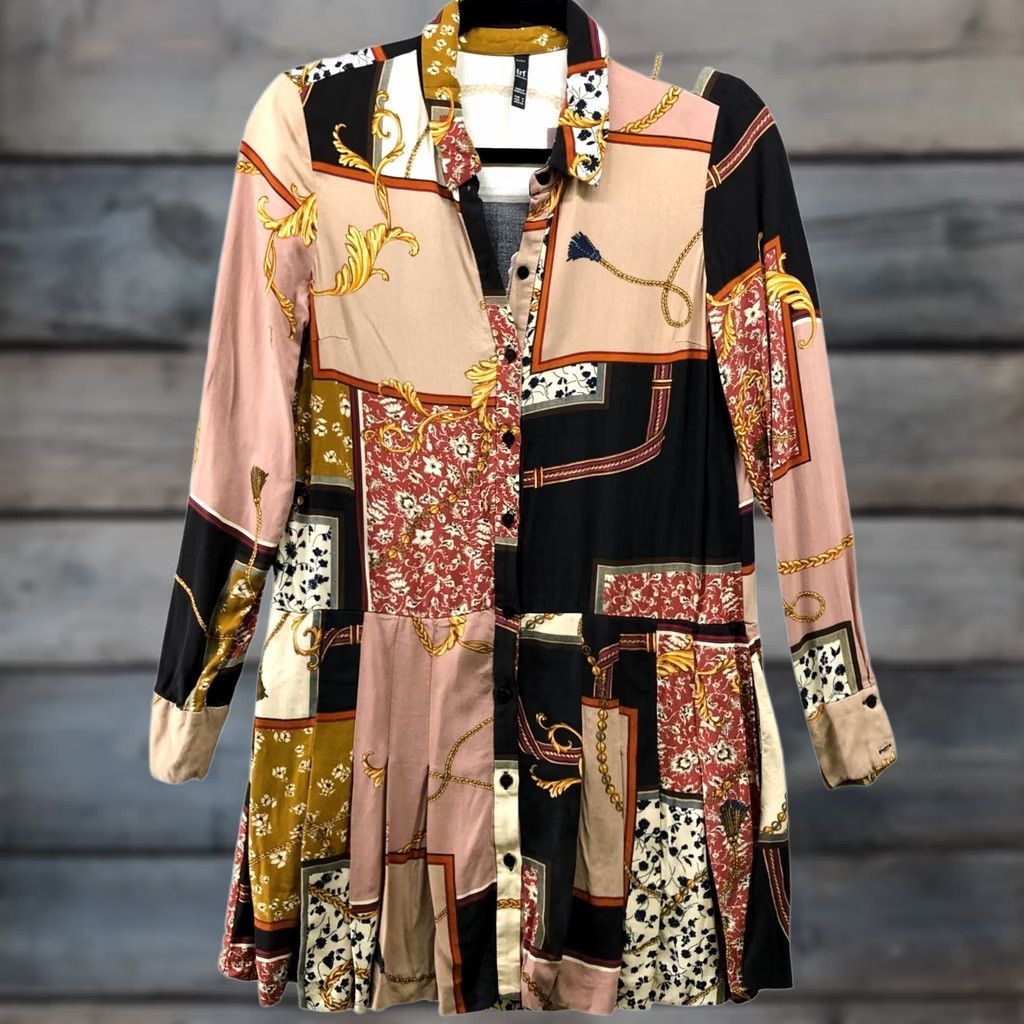 Zara Zara Shirt Dress Womens S Patchwork Chain Print Pleated Rayon Long Sleeve Mini A-Line Bohemian Hippie Beige Velvety? Size S / US 4 / IT 40 - 1 Thumbnail