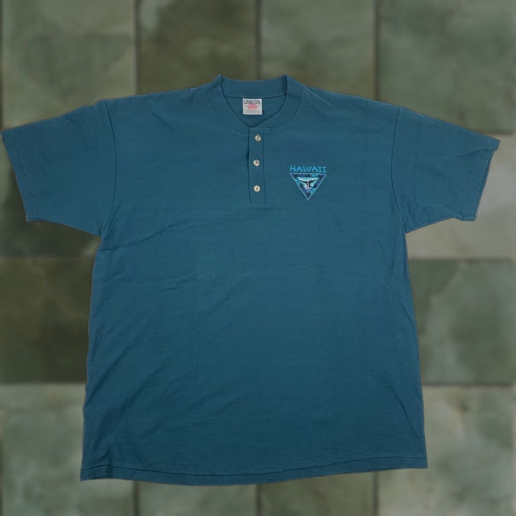 Vintage VINTAGE Oneita Hawaii T Shirt Adult 2XL Blue Henley Neck Embroidered Whales Logo Ocean Mens Size US XXL / EU 58 / 5 - 1 Thumbnail