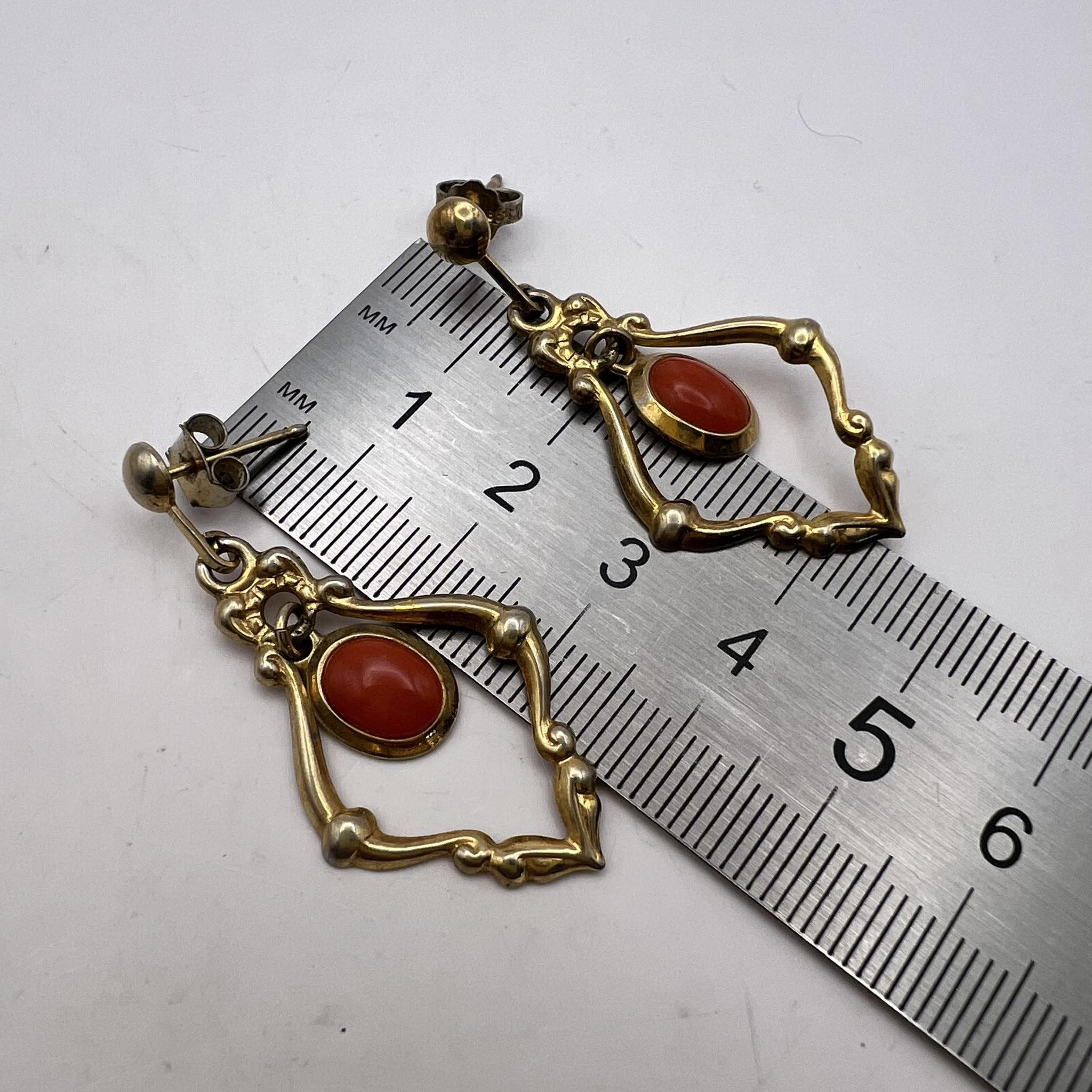 Vintage Gilt Sterling Silver 925 Vintage Earrings Coral Gemstone Size ONE SIZE - 4 Thumbnail