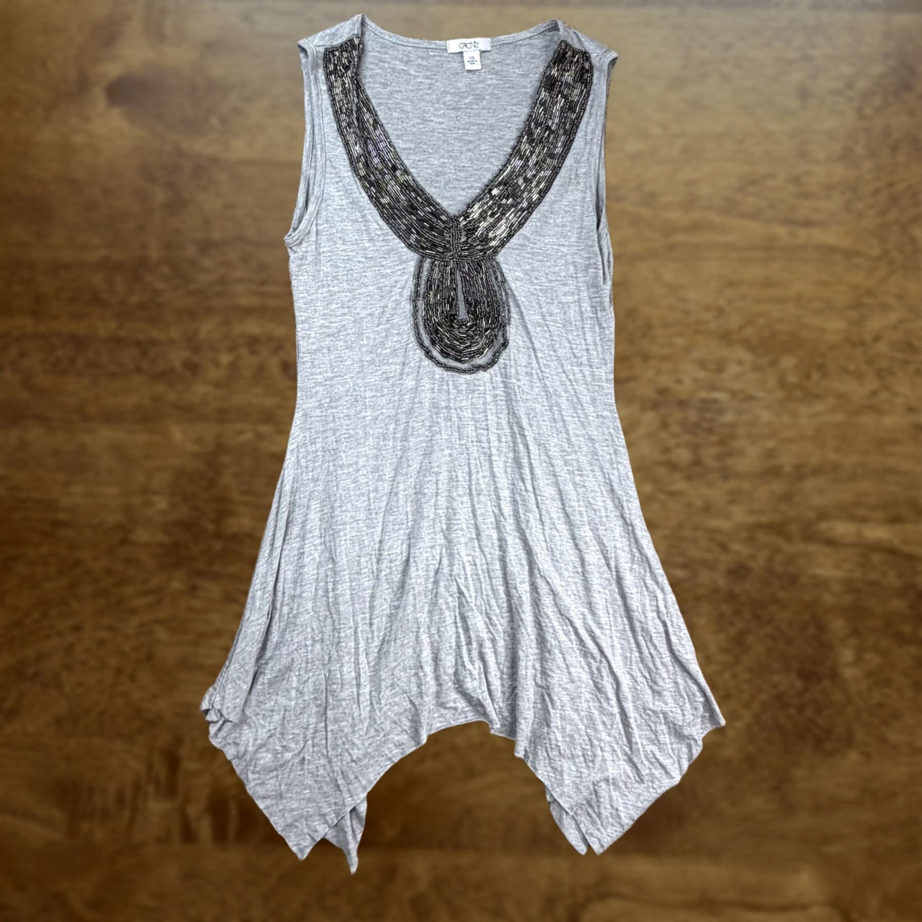 Cache Tank Top Womens Xs Gray Beaded V Neck Asymmetrical Hem Tunic Y2K, Women's
