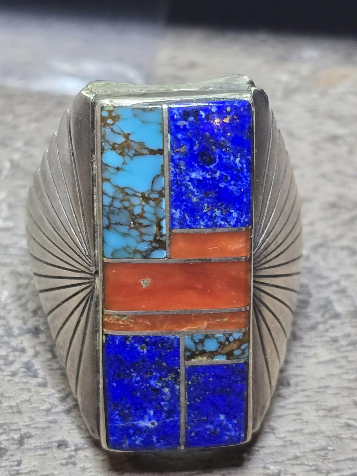 Other Navajo Sterling Inlay Ring ML Lapis Coral Turquoise Signed Size ONE SIZE - 7 Thumbnail