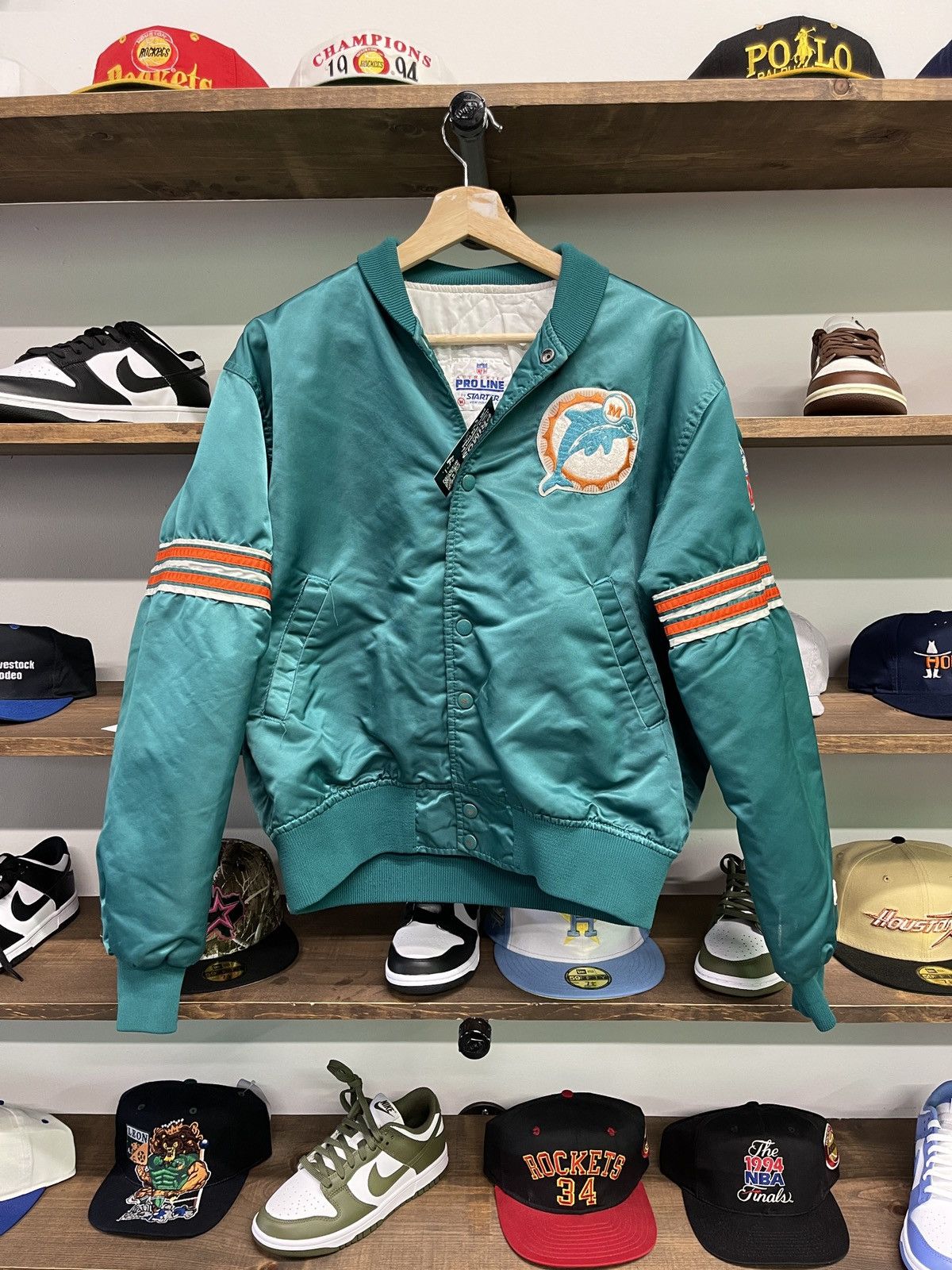 Image of Nfl x Starter Vintage Miami Dolphins Starter Bomber Jacket in Teal Blue, Men's (Size Small)