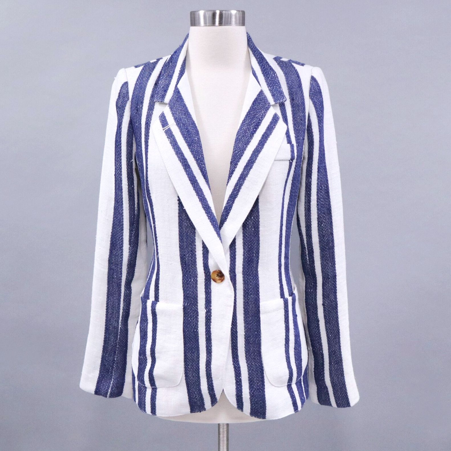image of Smythe Blazer Jacket Linen Womens 6 Striped White Navy Blue Nautical (Size Medium)