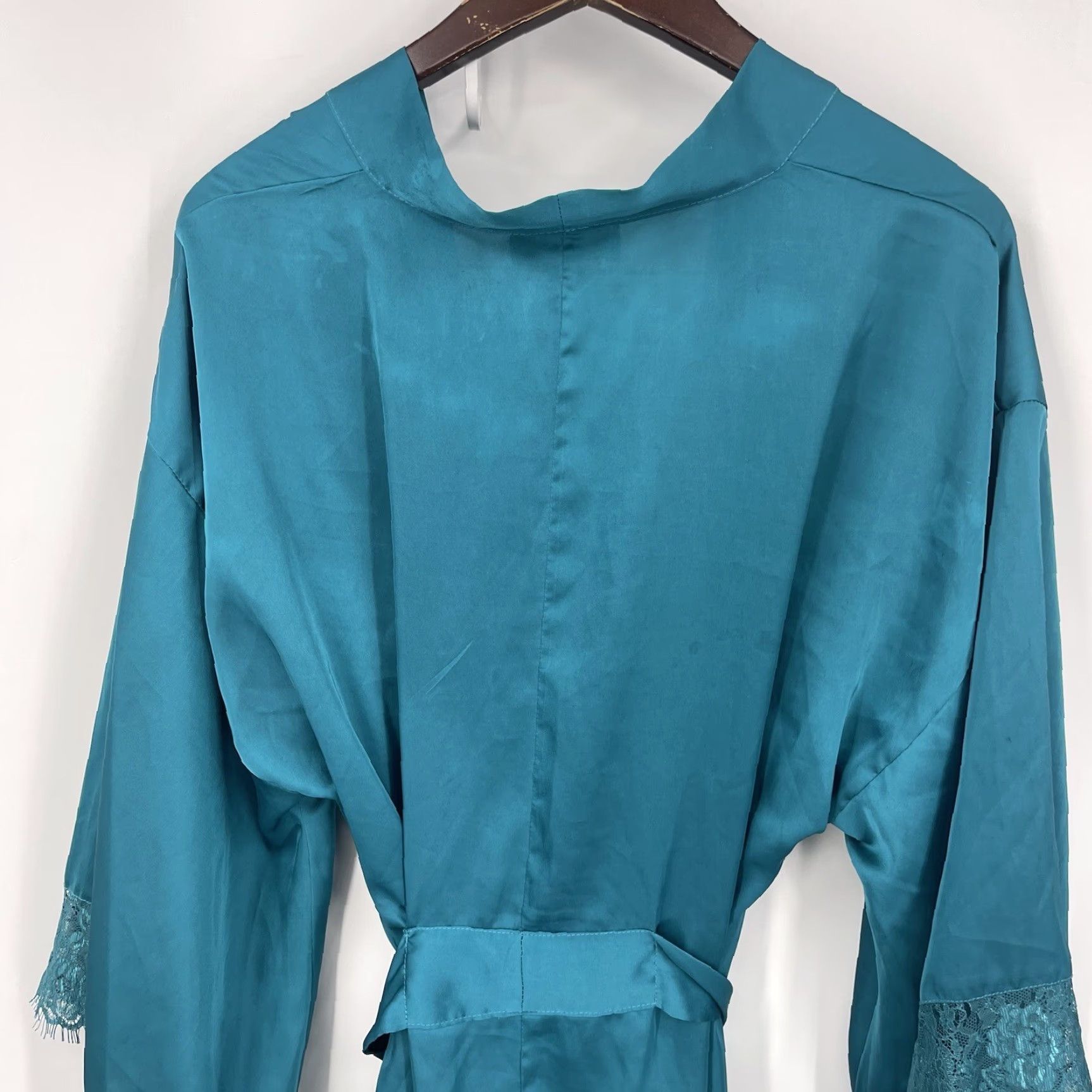 Vintage Old Shanghai Robe Womens Small Green Satin Kimono Lace Trim Tie Boho READ Size ONE SIZE - 7 Thumbnail