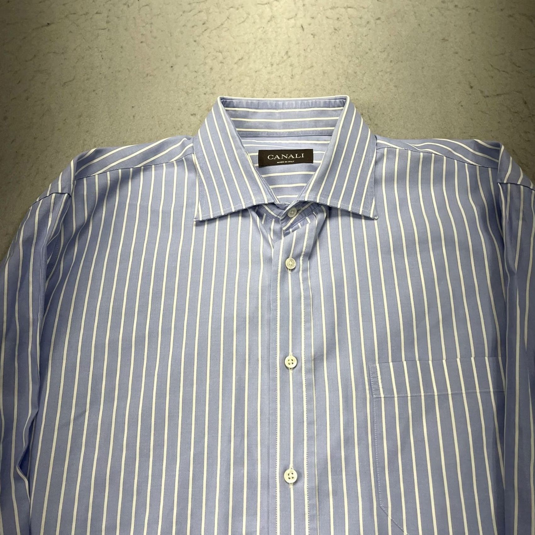 Canali Canali Dress Shirt Mens 17 43 Blue Stripe Classic Fit 100% Cotton Made Italy Size 46R - 2 Thumbnail