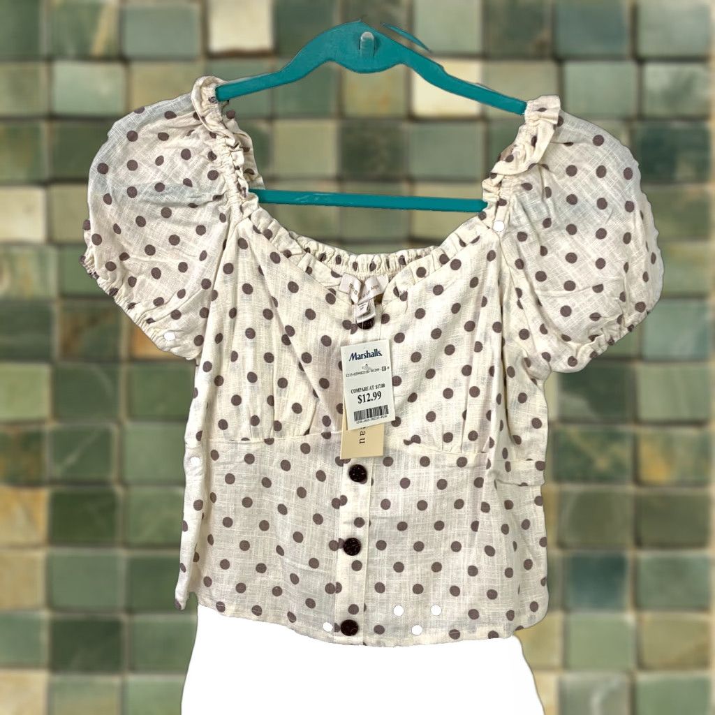Vintage Monteau Los Angeles Brown Pinup Polka Dot Puff Sleeve Blouse Shirt Medium NWT Linen Rayon Ivory Short Sleeve Ladies Regular Size M / US 6-8 / IT 42-44 - 1 Thumbnail