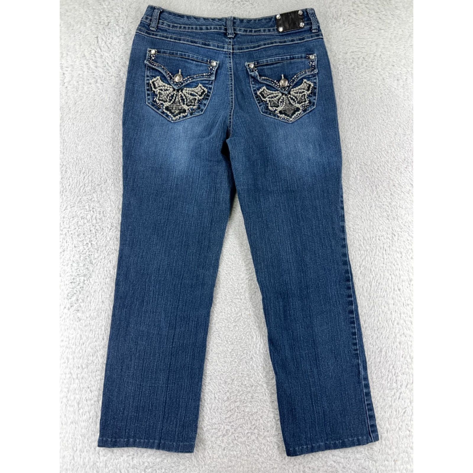 Vintage Style&co. Jeans Womens 8 Blue Denim Straight Leg 5-Pocket Design Bling Embroidered Logo Medium Wash Fall X-Options Mens? Size 30" / US 8 / IT 44 - 2 Thumbnail