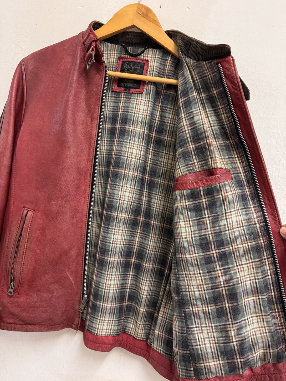Schott Vintage 80s Schott NYC 654 Red Leather Jacket Racing Stripes Size US S / EU 44-46 / 1 - 12 Thumbnail