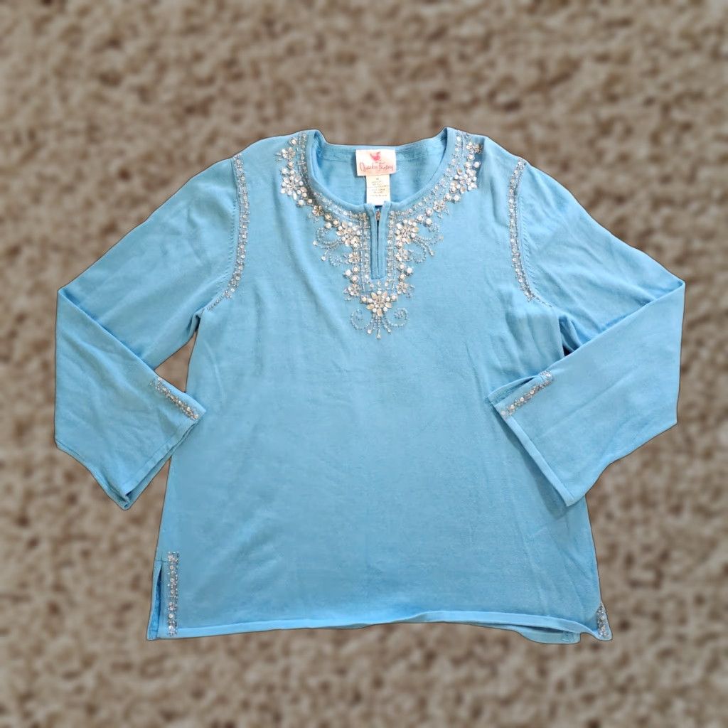 Quacker Factory VINTAGE Quacker Factory Sweater Top Womens XL Blue Rhinestone Sparkle Long Sleeve Casual Size XL / US 12-14 / IT 48-50 - 1 Thumbnail