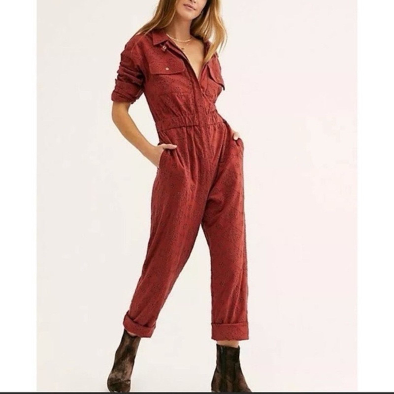 Free People Free People eyelet Set The Tone Jumpsuit in Terracotta Small Size 27" / US 4 / IT 40 - 1 Thumbnail
