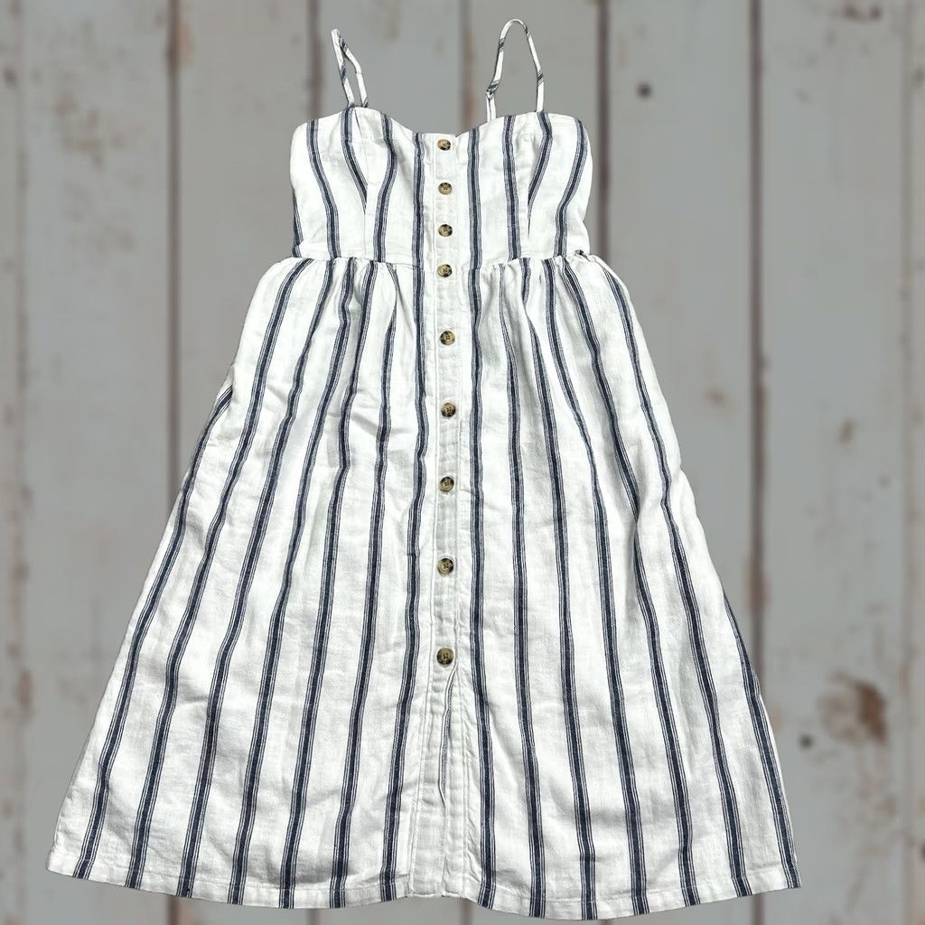 Abercrombie & Fitch VINTAGE Abercrombie Fitch Dress XSP White Blue Stripe Linen Blend Pockets Lined Knee NWT Size XS / US 0-2 / IT 36-38 - 1 Thumbnail