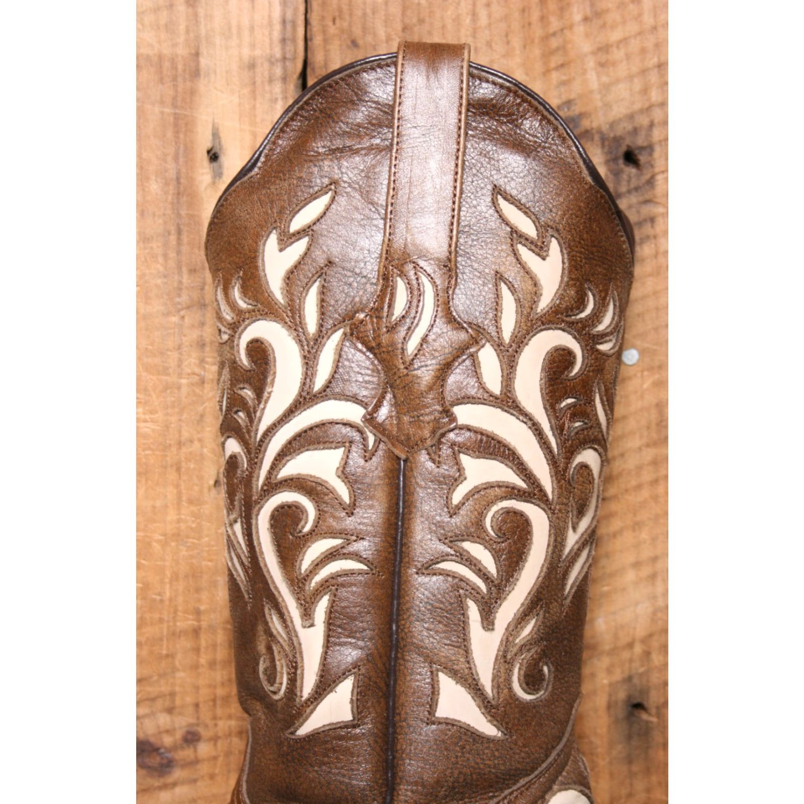 Vintage RL ROCKIN LEATHER Brown Beige Inlay 2.5" Wood Heel Western Cowgirl Boots Sz. 7B Size US 7 / IT 37 - 7 Thumbnail