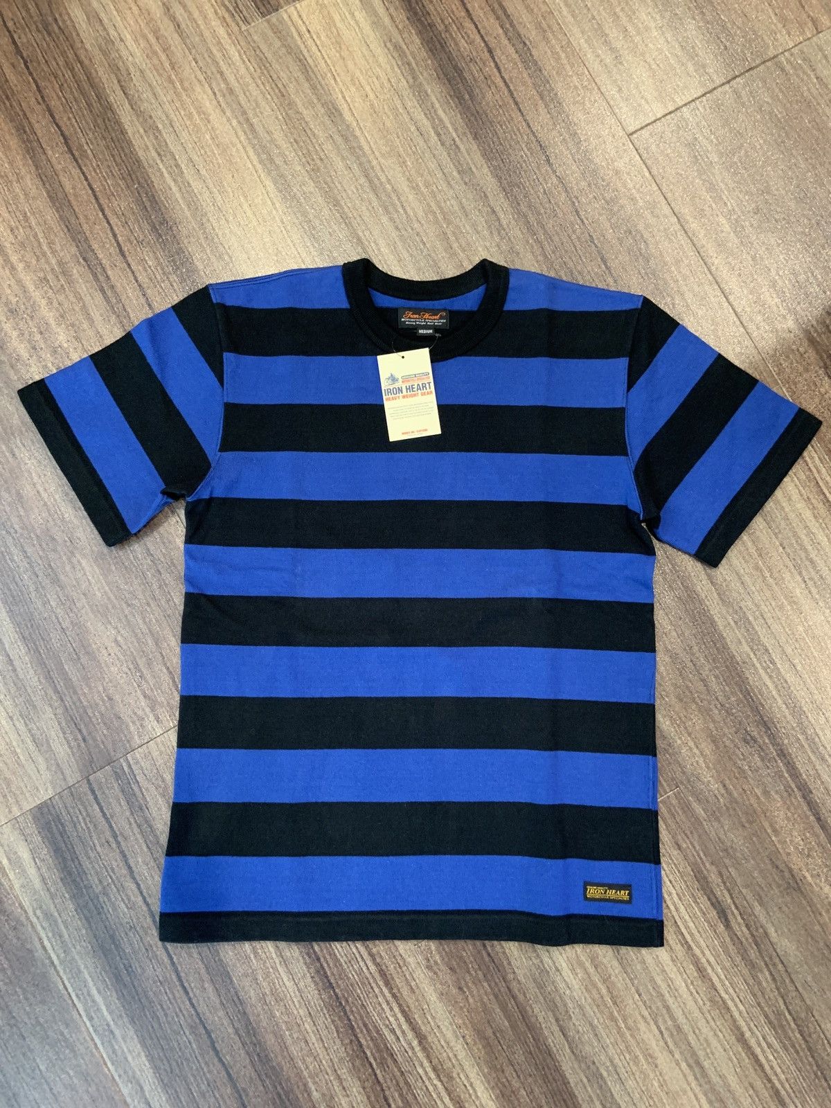 image of Iron Heart Ihtb-06 - Super Heavy Knitted Cotton Short Sleeved Sweater in Blue, Men's (Size Medium)