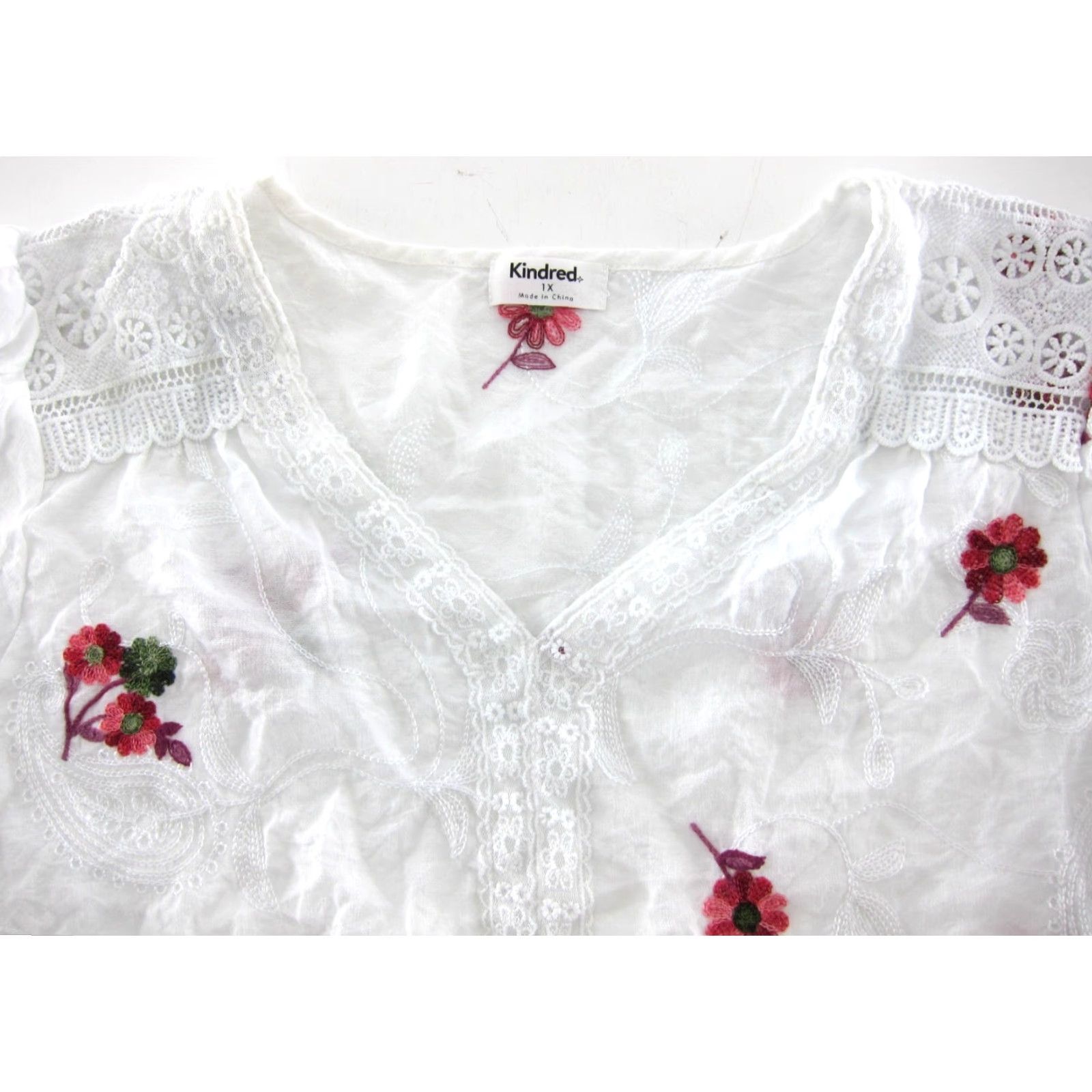 Vintage Kindred Anthropologie Blouse Rayon Embroidered White Pink Floral 3/4 Sleeve 1X Size XL / US 12-14 / IT 48-50 - 4 Thumbnail