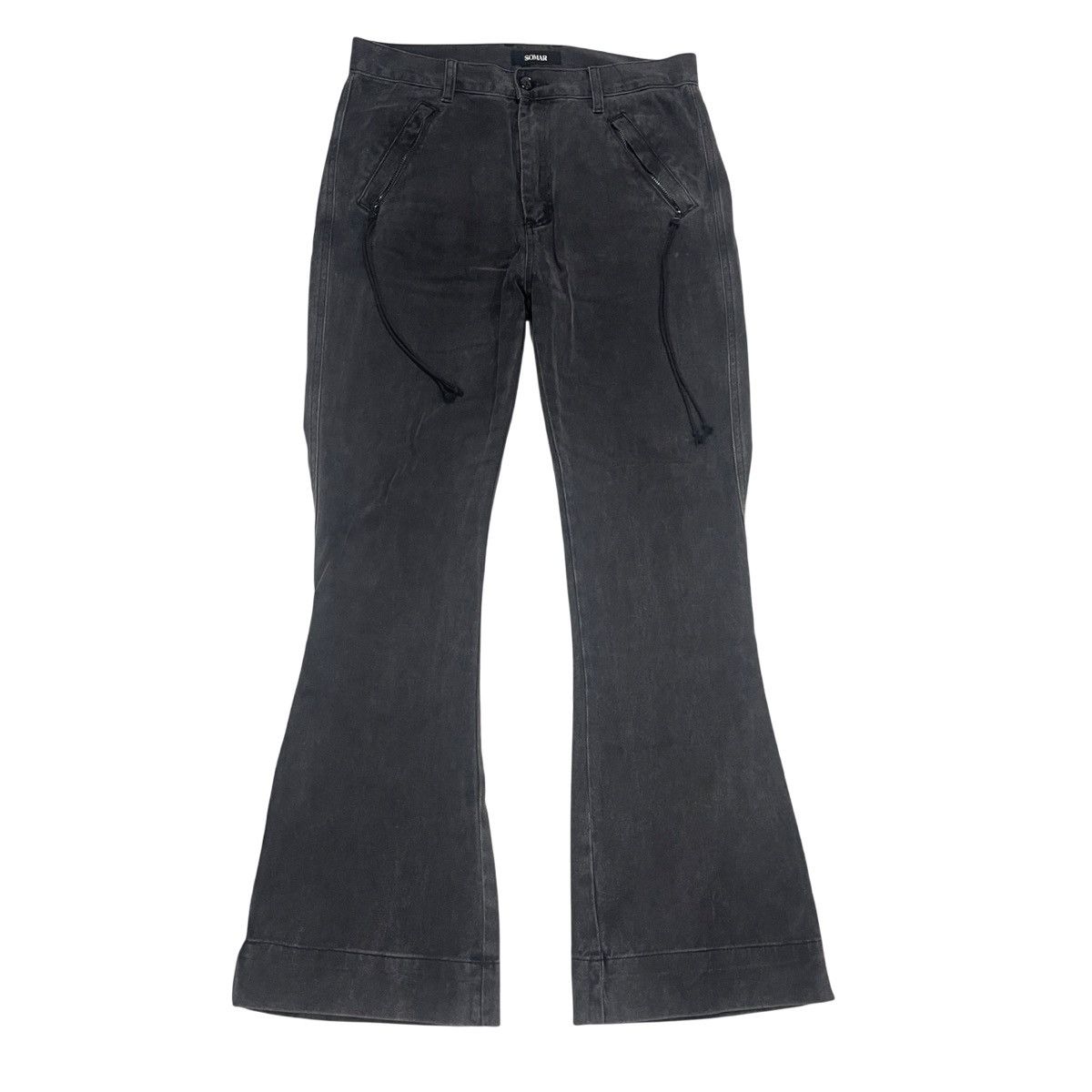 Designer Lamentist Backstage Flared Jeans in Waxed Charcoal Denim 
