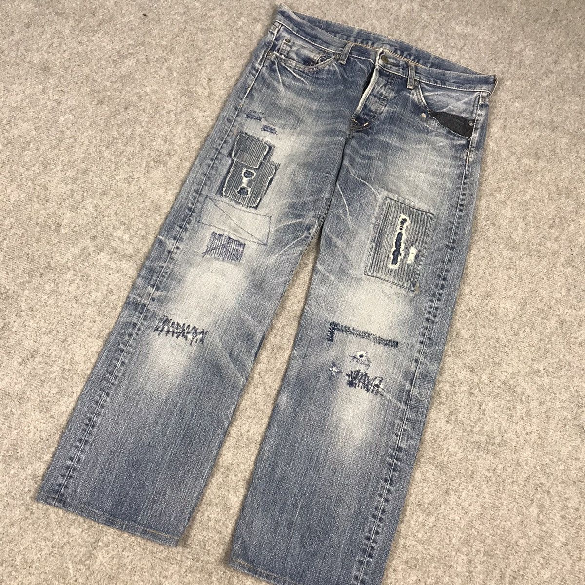 Designer × Japanese Brand DMG DISTRESSED BLUE DENIM PATCHWORK PANTS Size US 30 / EU 46 - 2 Thumbnail