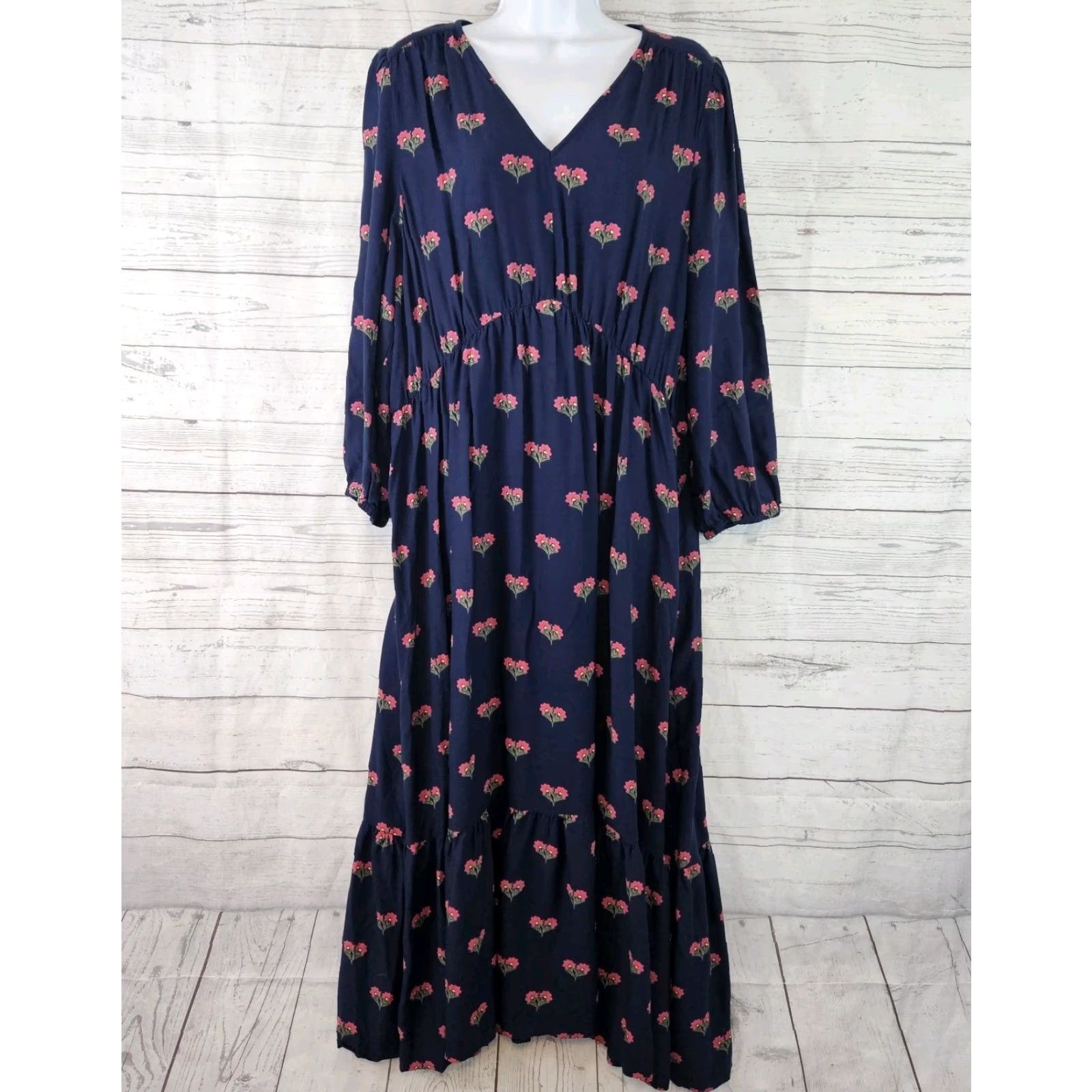 Vintage Joules Womens Dress 16 Floral V-Neck Long Sleeve Midi Viscose Blue Pink A-Line Womens Size XXL / US 16-18 / IT 52-54 - 2 Thumbnail