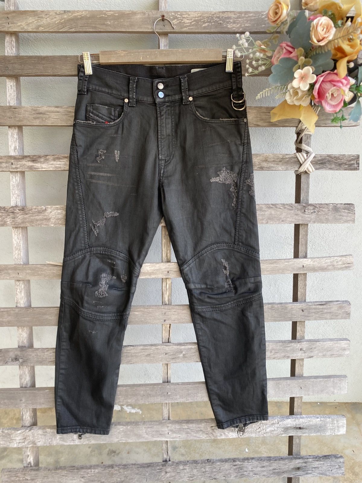 Diesel Waxed Black Biker Jeans - Distressed Denim | Slim Fit