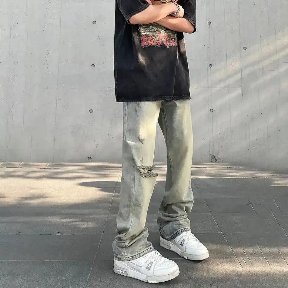 Japanese Brand Ripped Jeans Y2k Streetwear Straight-leg Hombre Pantalones Size US 32 / EU 48 - 4 Thumbnail